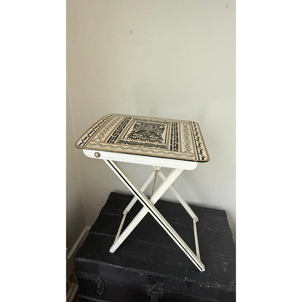 Vintage Polynesian Folding TV Tray Set Storage Stand MCM Folk Colonial Maori Art